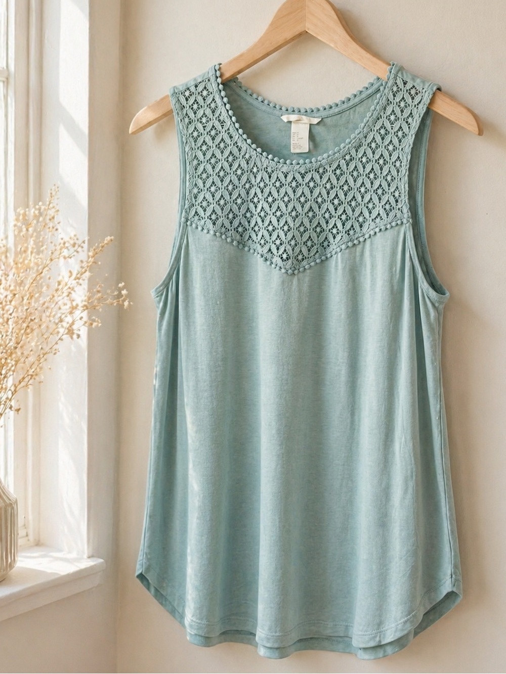 H&M Crochet Neck Tank Top Medium Soft Blue Green Coastal Chic Minimalist Western
